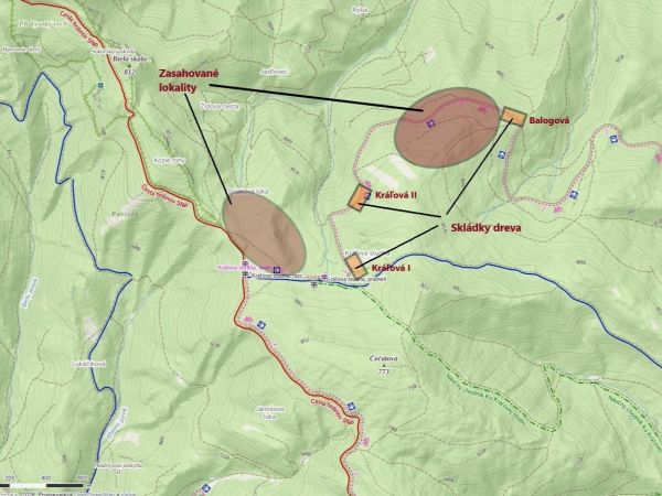 Mapka s lokaliz&aacute;ciou ťažbov&yacute;ch z&aacute;sahov 