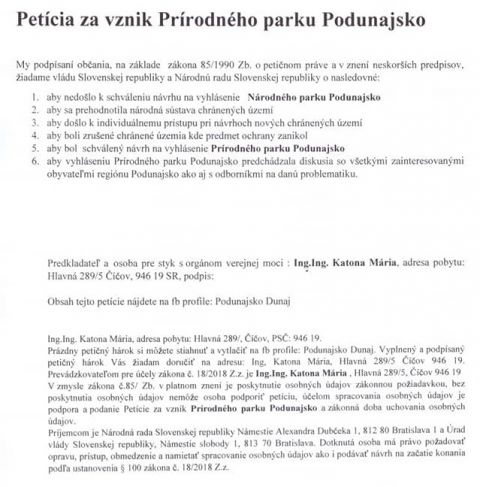 Text Petície za Prírodný park Podunajsko 