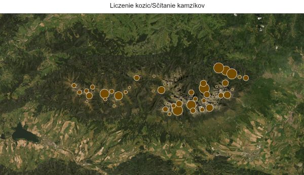  Mapka z použitej aplikácie na sčítavanie kamzíkov 