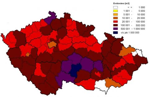 Mapka výskytu a intenzity lykožrútovej kalamity v Českej republike