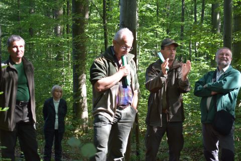 Ing. Szarka (druhý sprava) počas lesníckeho dňa upozorňuje na riziká zvolených lesníckych postupov priamo v porastoch 