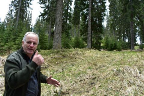 Ing. Cyril Bábeľa st. vysvetľuje názorne v teréne, ako postupujú lesníci pri obhospodarovaní lesov na Muránskej planine 